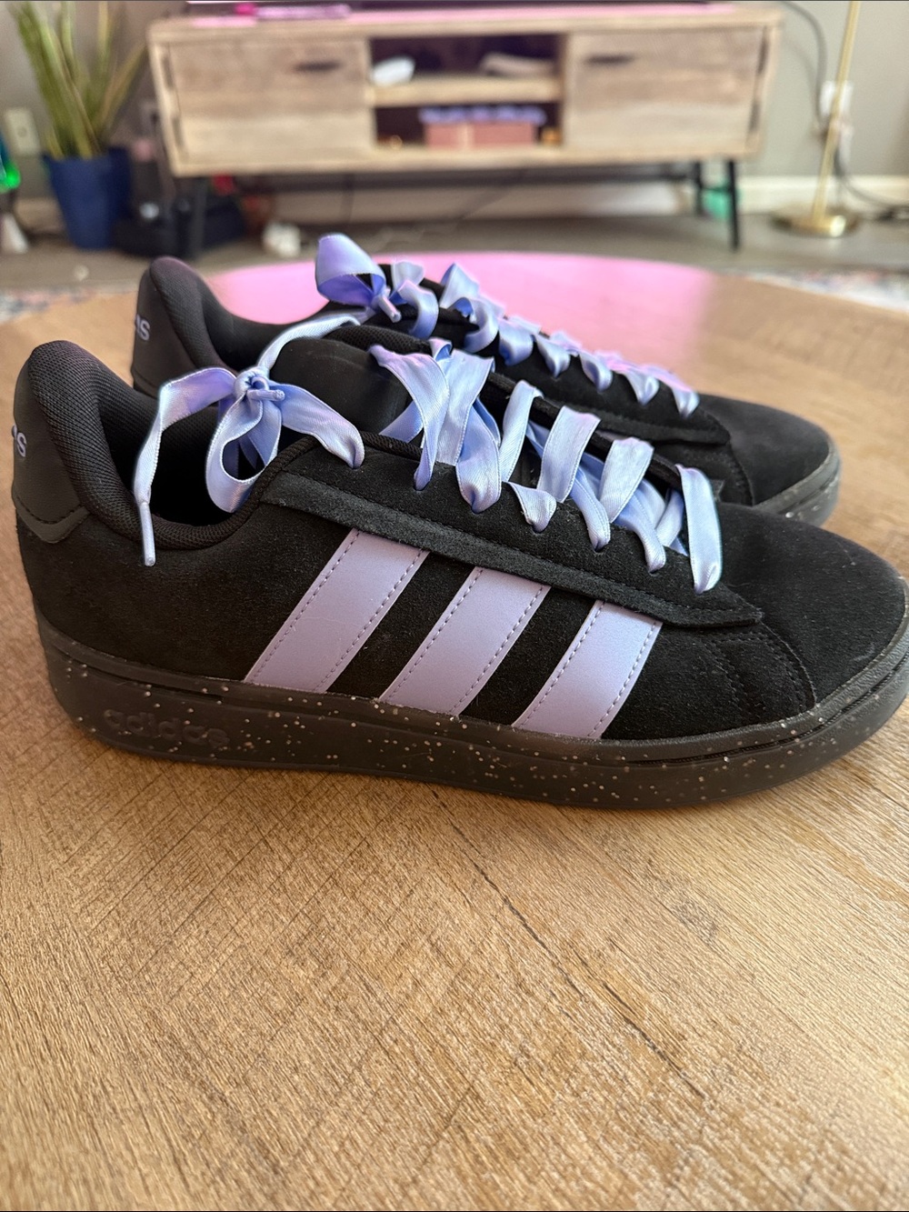 adidas Black Suede Sneakers with light blue Stripes and Ribbon Laces